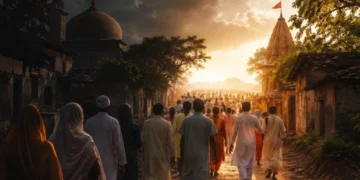 Bangladesh Minority Community families walking together from darkness toward a hopeful sunrise in a rural village