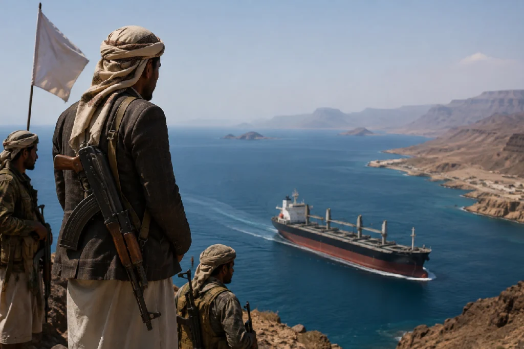 Houthis fighters and a symbolic view of the Red Sea highlighting the conflict zone near Yemen after the attack on an Indian-flagged merchant vessel.