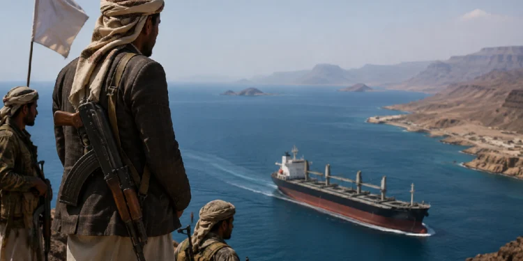Houthis fighters and a symbolic view of the Red Sea highlighting the conflict zone near Yemen after the attack on an Indian-flagged merchant vessel.