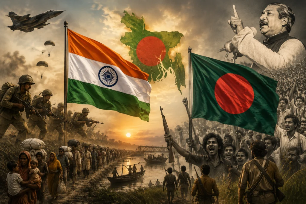 India's Role in Bangladesh Liberation War during the 1971 independence struggle, showing Indian military support and the Bangladesh liberation movement.