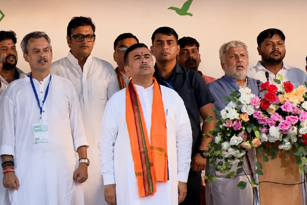Har Ghar Tiranga Rally led by Shuvendu Adhikari with supporters carrying the Indian national flag during a patriotic march in West Bengal.