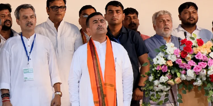 Har Ghar Tiranga Rally led by Shuvendu Adhikari with supporters carrying the Indian national flag during a patriotic march in West Bengal.