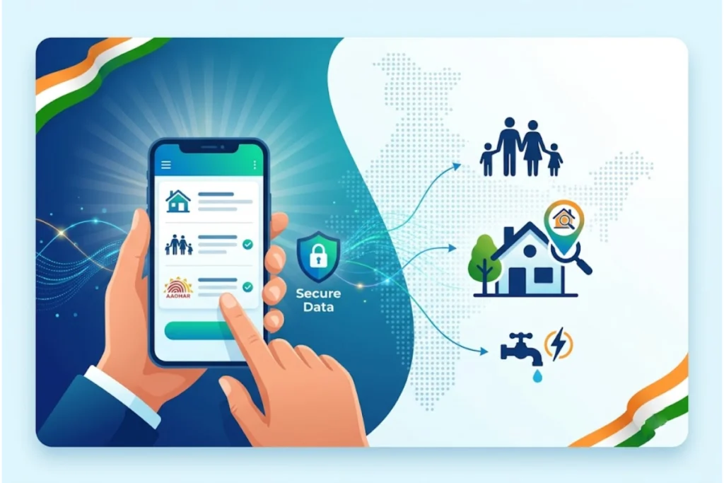 India Census 2026 Self Enumeration portal displayed on a digital device as officials prepare for nationwide house listing and population census, allowing citizens to submit census details online before door-to-door verification.