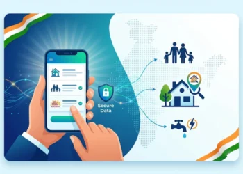 India Census 2026 Self Enumeration portal displayed on a digital device as officials prepare for nationwide house listing and population census, allowing citizens to submit census details online before door-to-door verification.