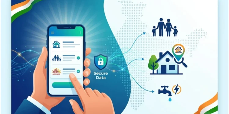 India Census 2026 Self Enumeration portal displayed on a digital device as officials prepare for nationwide house listing and population census, allowing citizens to submit census details online before door-to-door verification.