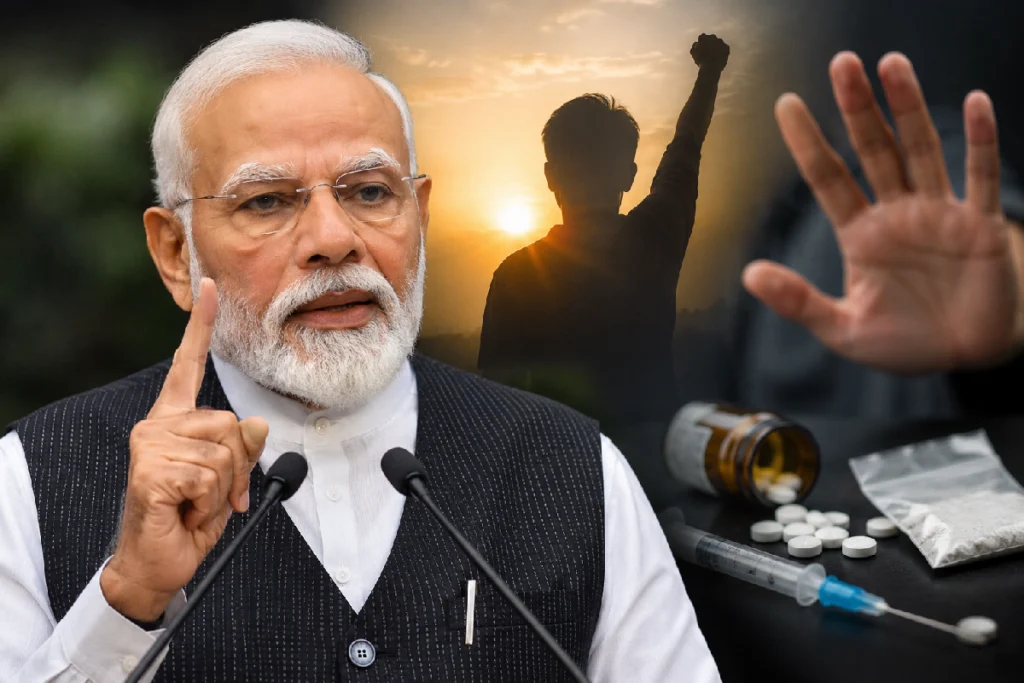 Prime Minister Narendra Modi addresses the nation during the Narendra Modi Anti Drug Campaign, urging India's youth to stay away from drugs and support a healthier, stronger future.