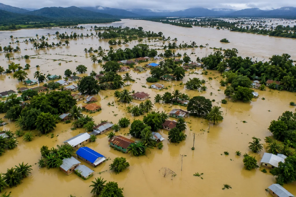 Assam Floods 2026: Floodwaters inundating villages and agricultural land in Assam as the overflowing Brahmaputra River and heavy monsoon rainfall trigger widespread devastation across the state.