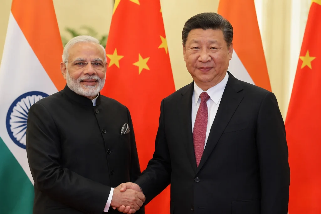 Xi Jinping Delhi Visit during the BRICS summit with India-China flags and diplomatic representation.