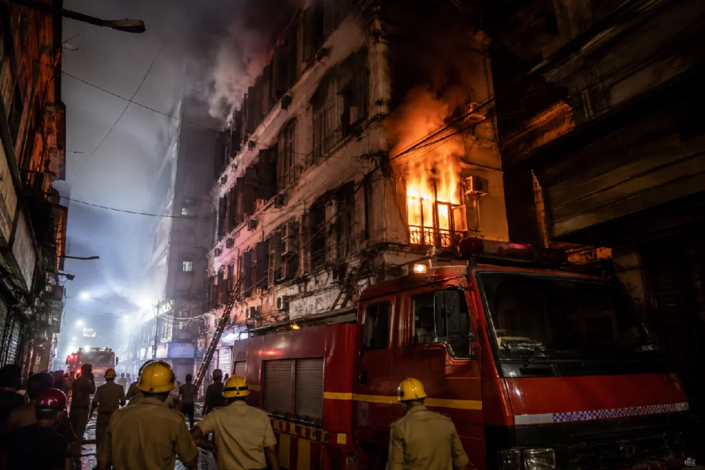 New Market Hotel Fire in Kolkata at a hotel on Free School Street, showing the aftermath of a devastating fire incident
