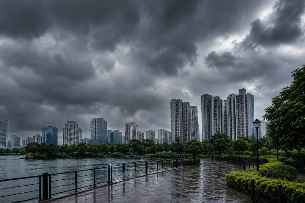 West Bengal Weather Update showing dark rain clouds over Kolkata skyline and New Town high-rise buildings before heavy monsoon rainfall.