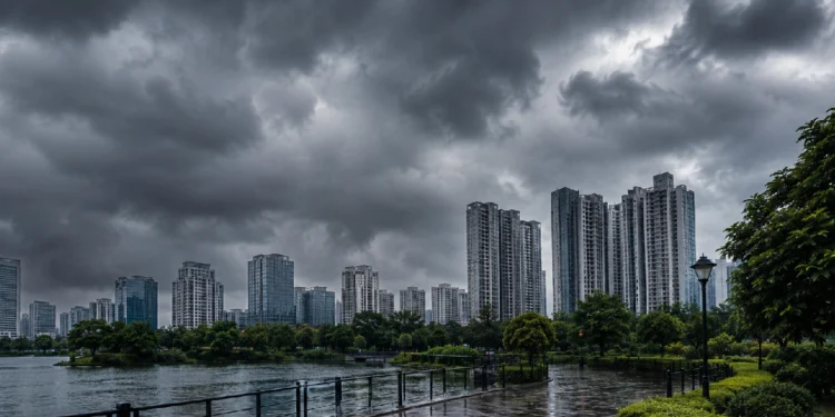West Bengal Weather Update showing dark rain clouds over Kolkata skyline and New Town high-rise buildings before heavy monsoon rainfall.