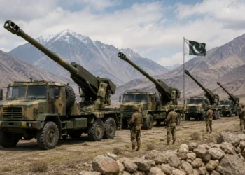 Pakistan SH-15 Howitzers deployed near the India-Pakistan border, showing Chinese-made truck-mounted self-propelled artillery positioned for long-range military operations.