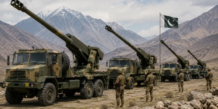 Pakistan SH-15 Howitzers deployed near the India-Pakistan border, showing Chinese-made truck-mounted self-propelled artillery positioned for long-range military operations.