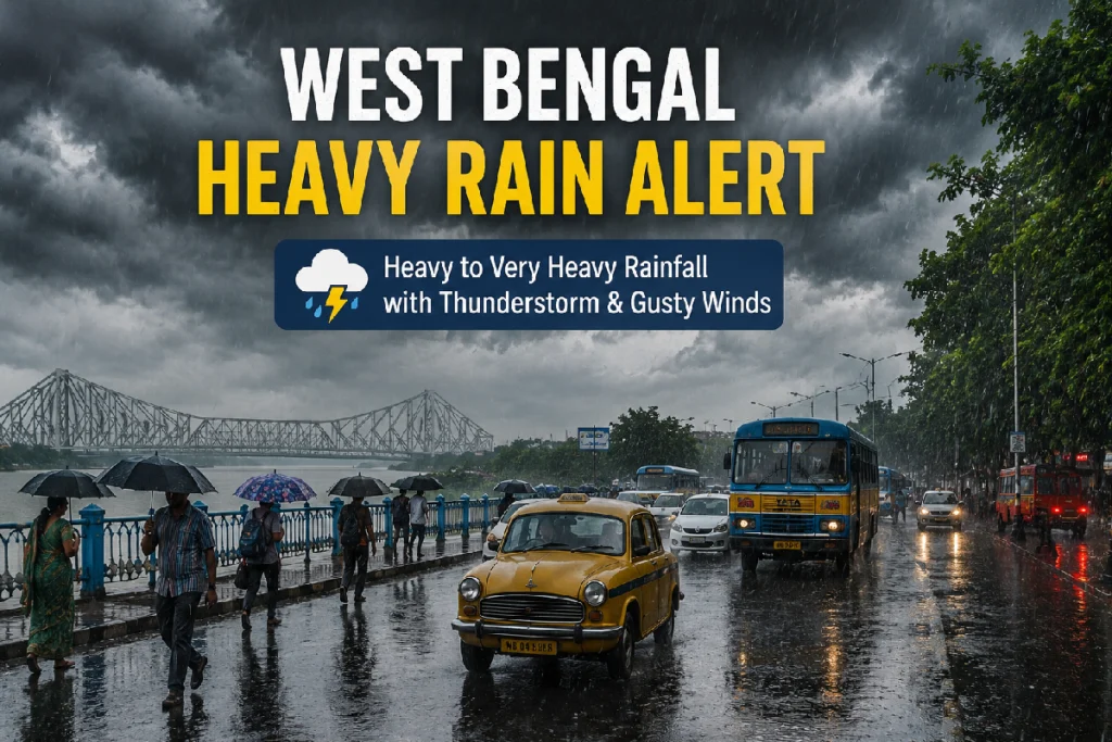 West Bengal Heavy Rain Alert: Dark monsoon clouds cover Kolkata and several districts as heavy rainfall lashes South Bengal and North Bengal, with the India Meteorological Department issuing warnings for intense rain, thunderstorms, and strong winds.