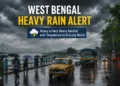 West Bengal Heavy Rain Alert: Dark monsoon clouds cover Kolkata and several districts as heavy rainfall lashes South Bengal and North Bengal, with the India Meteorological Department issuing warnings for intense rain, thunderstorms, and strong winds.