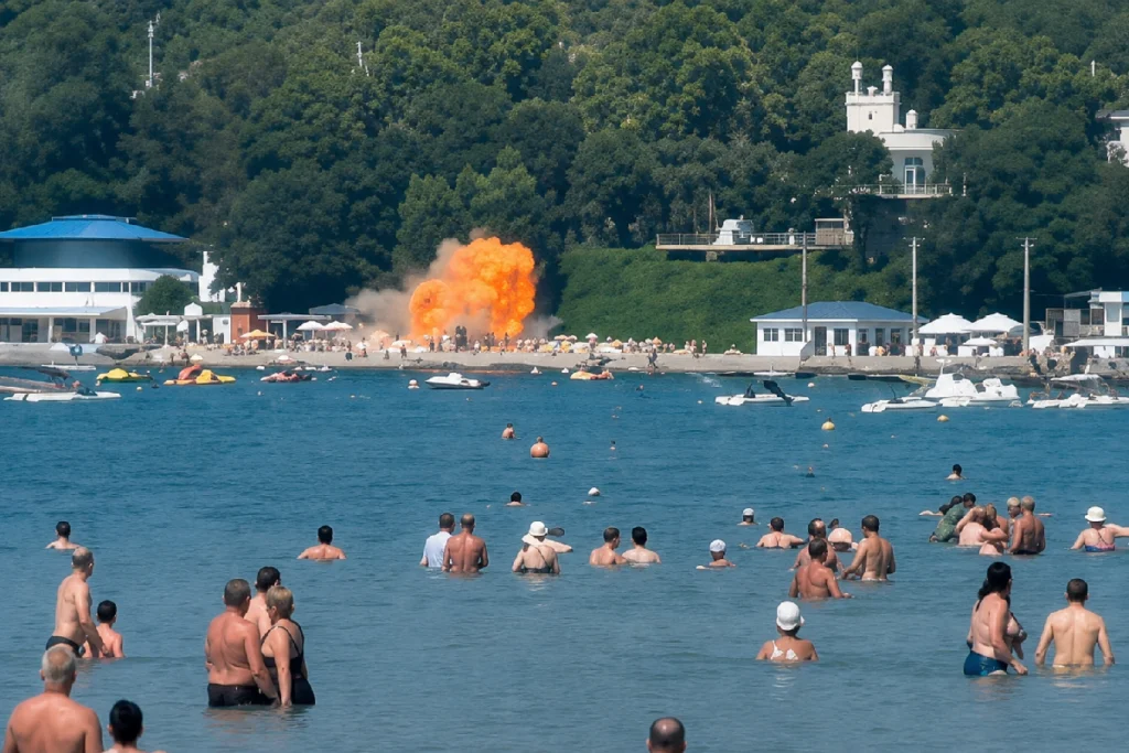Russia Ukraine Drone Attack: Emergency responders and security personnel at a crowded Russian Black Sea beach after a deadly drone strike that reportedly killed seven people and injured dozens.