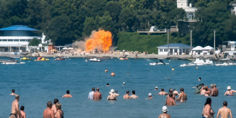 Russia Ukraine Drone Attack: Emergency responders and security personnel at a crowded Russian Black Sea beach after a deadly drone strike that reportedly killed seven people and injured dozens.