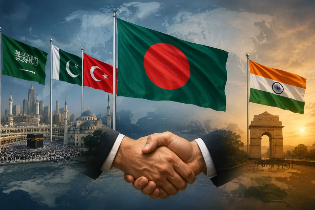 Bangladesh Mecca Pact নিয়ে বাংলাদেশের সম্ভাব্য যোগদান এবং ভারত-বাংলাদেশ কূটনৈতিক সম্পর্কের প্রভাব।