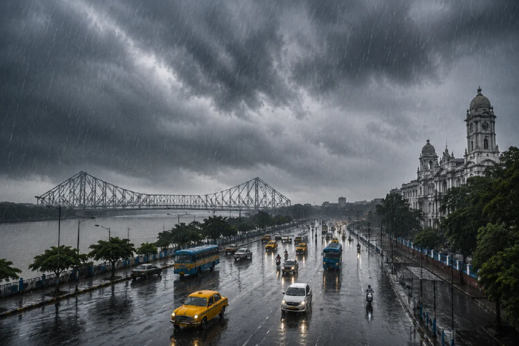 West Bengal Heavy Rain Alert showing dark monsoon clouds over Kolkata with heavy rainfall as the IMD issues warnings for South Bengal and North Bengal districts.