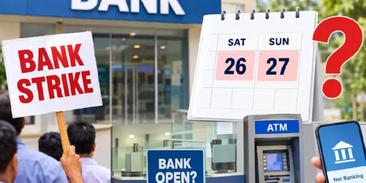 Public sector bank building displaying official notification regarding nationwide bank strike and Sunday working decision.