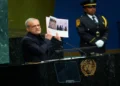 Masoud Pezeshkian UNGA address with photos of children killed in Minab school attack