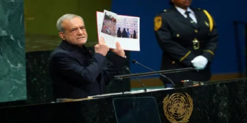 Masoud Pezeshkian UNGA address with photos of children killed in Minab school attack