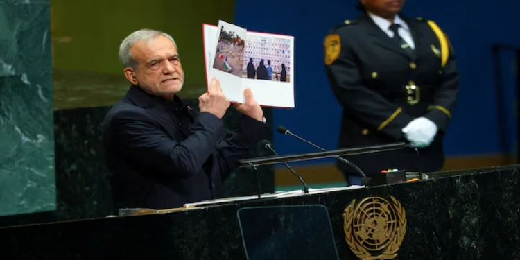 Masoud Pezeshkian UNGA address with photos of children killed in Minab school attack