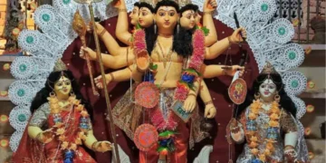 Five Faced Vishwakarma idol with ten hands worshipped in a rare Bengali tradition