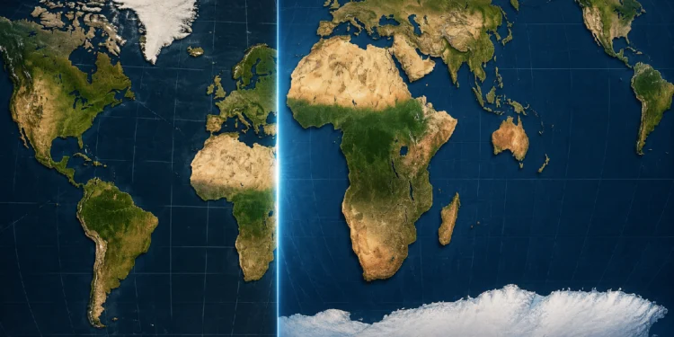 World Map Projection showing Africa appearing larger while Europe and North America appear smaller